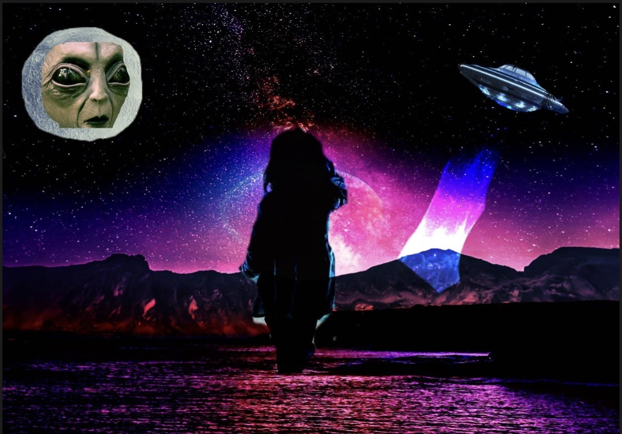 Image of a child standing in front of mountains, aliens and UFO's