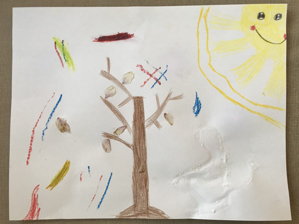 Tree with crayons, and natural materials around it.