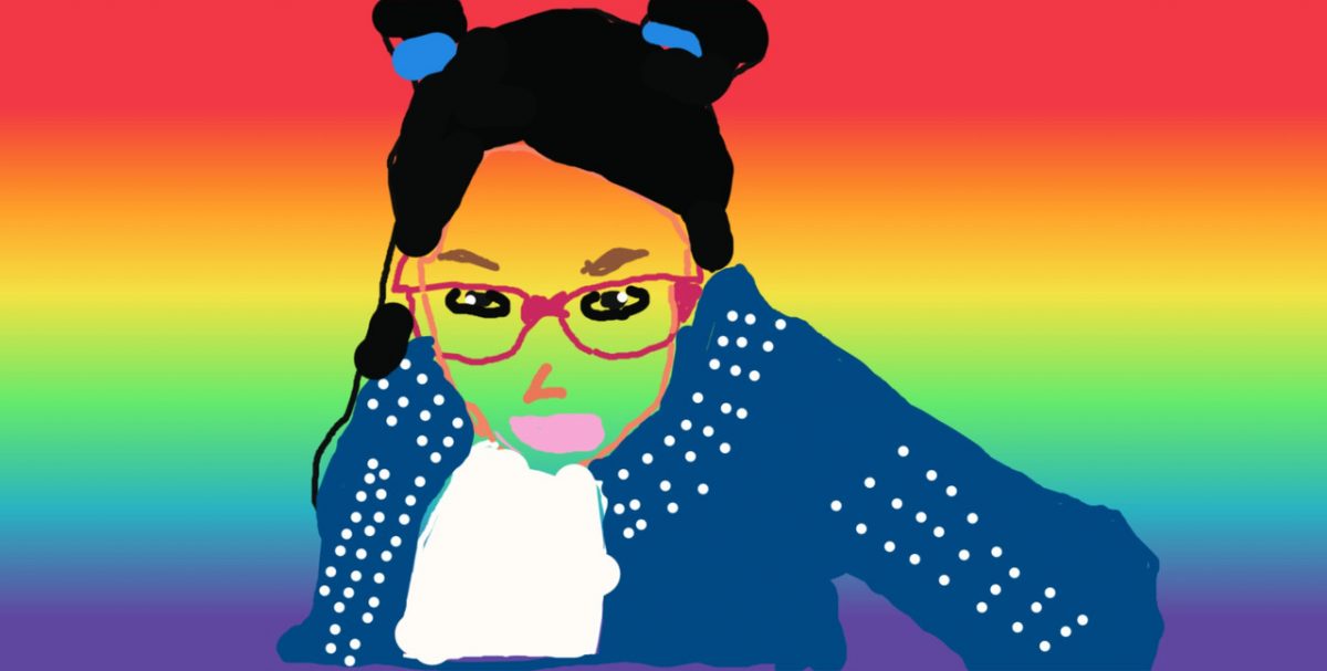 Digital self portrait on a rainbow gradient background