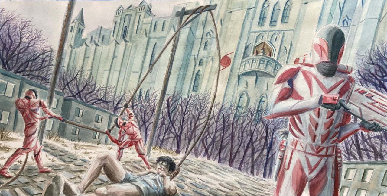 Watercolor of soldiers in a sci-fi cityscape