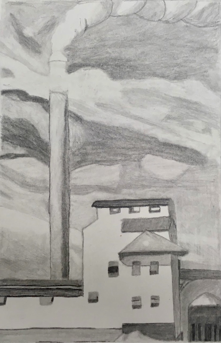 Drawing of building with smoke stack behind it