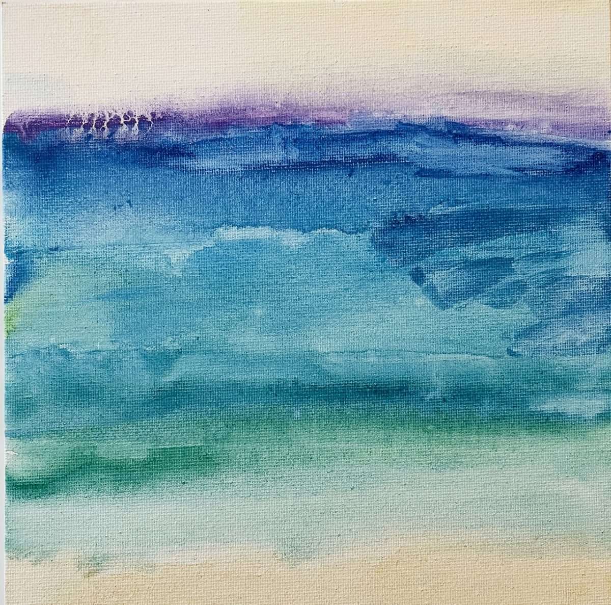 Abstract painting of water in greens, blues, and purples.