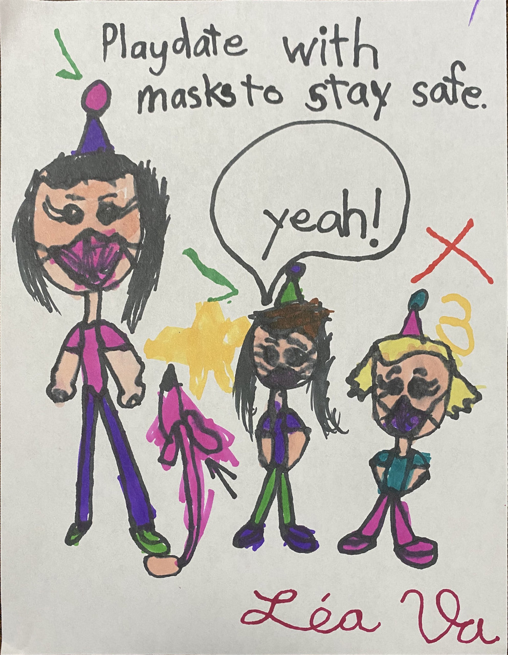 Drawing of 3 people with party hats wearing masks.