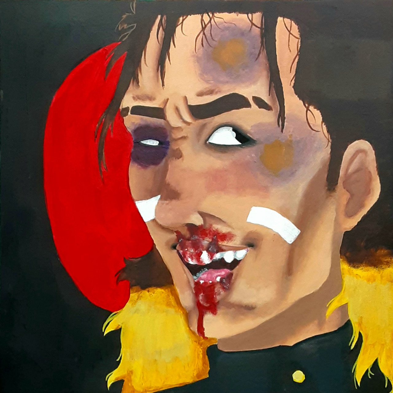 A painting of a mans face bleeding from the mouth and bruises all over