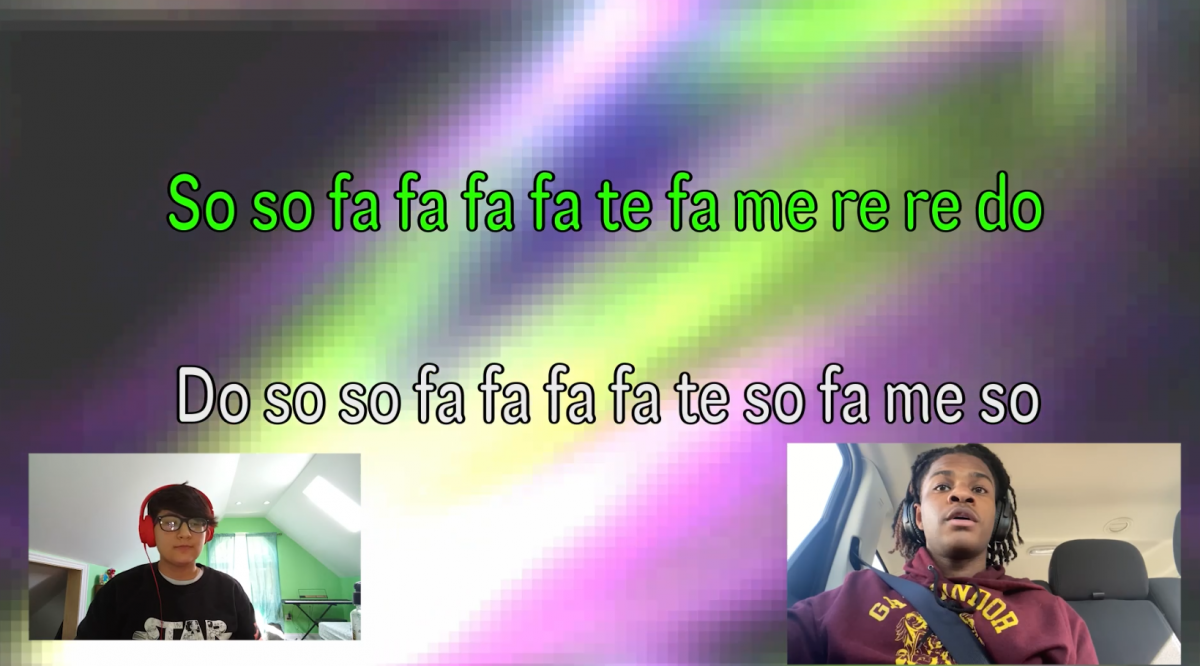 Two people with headphones singing, and the syllables they are singing appear above them.