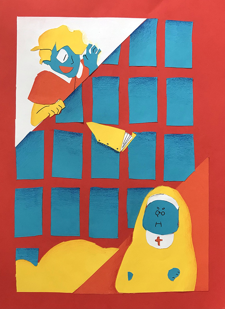 Collage of blue, red, yellow, and white cut paper with person standing over a nun