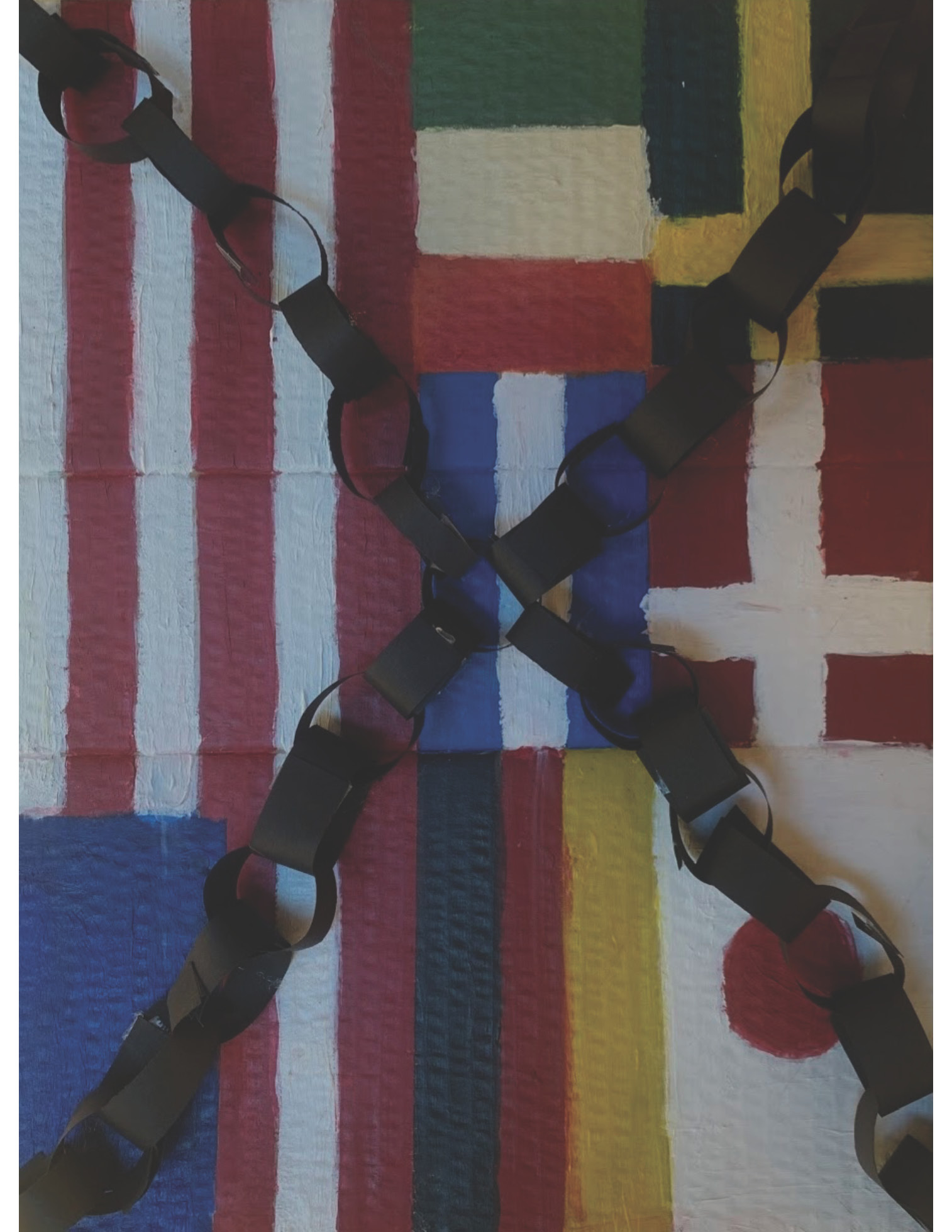 Painting of flags with a black paper chain over it