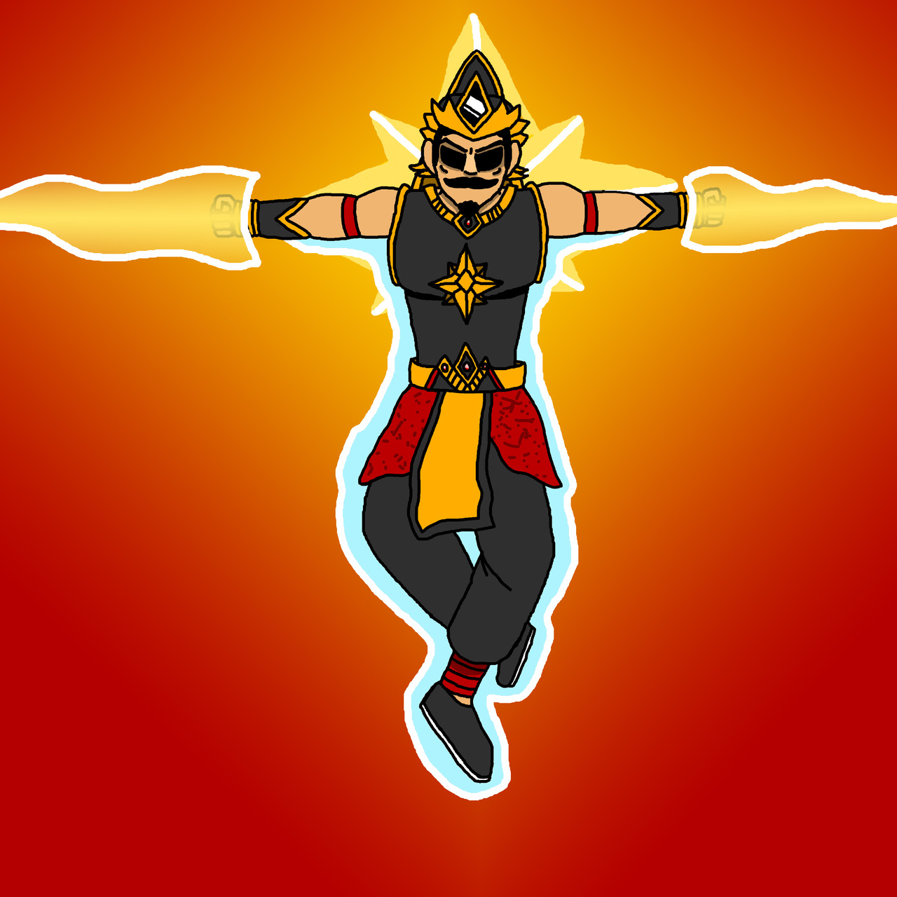 Digital drawing of soldier witt sunglasses, and gold energy around their forearms.