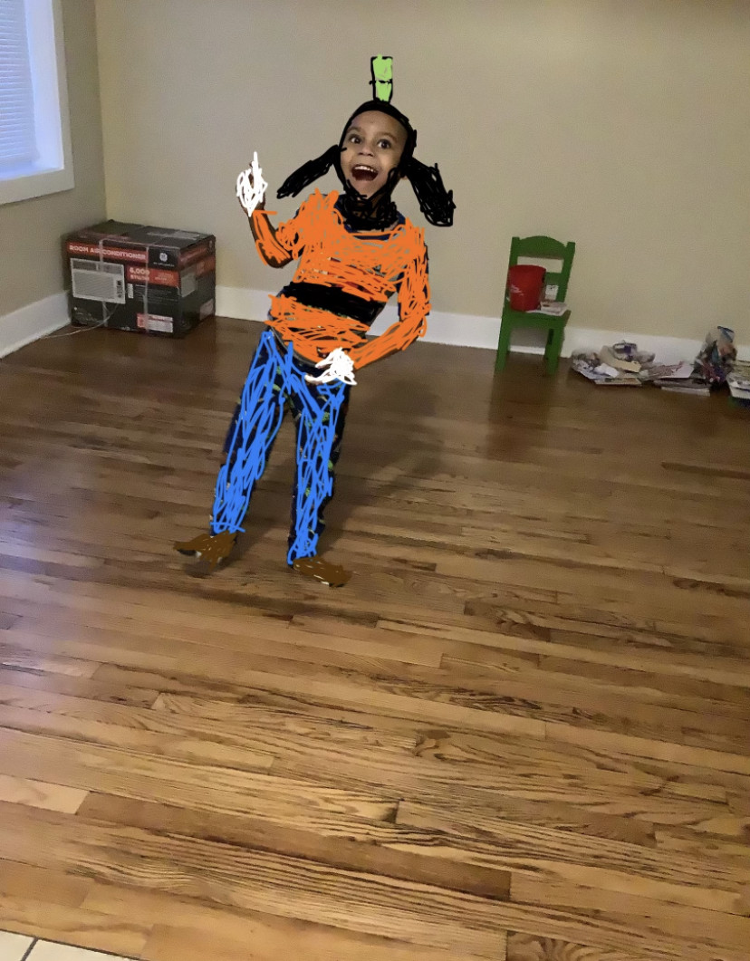 Digital drawing of Goofy over a picture of a child.