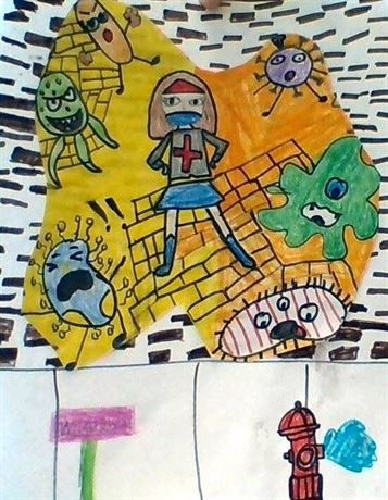 Drawing of a super hero fighting diseases