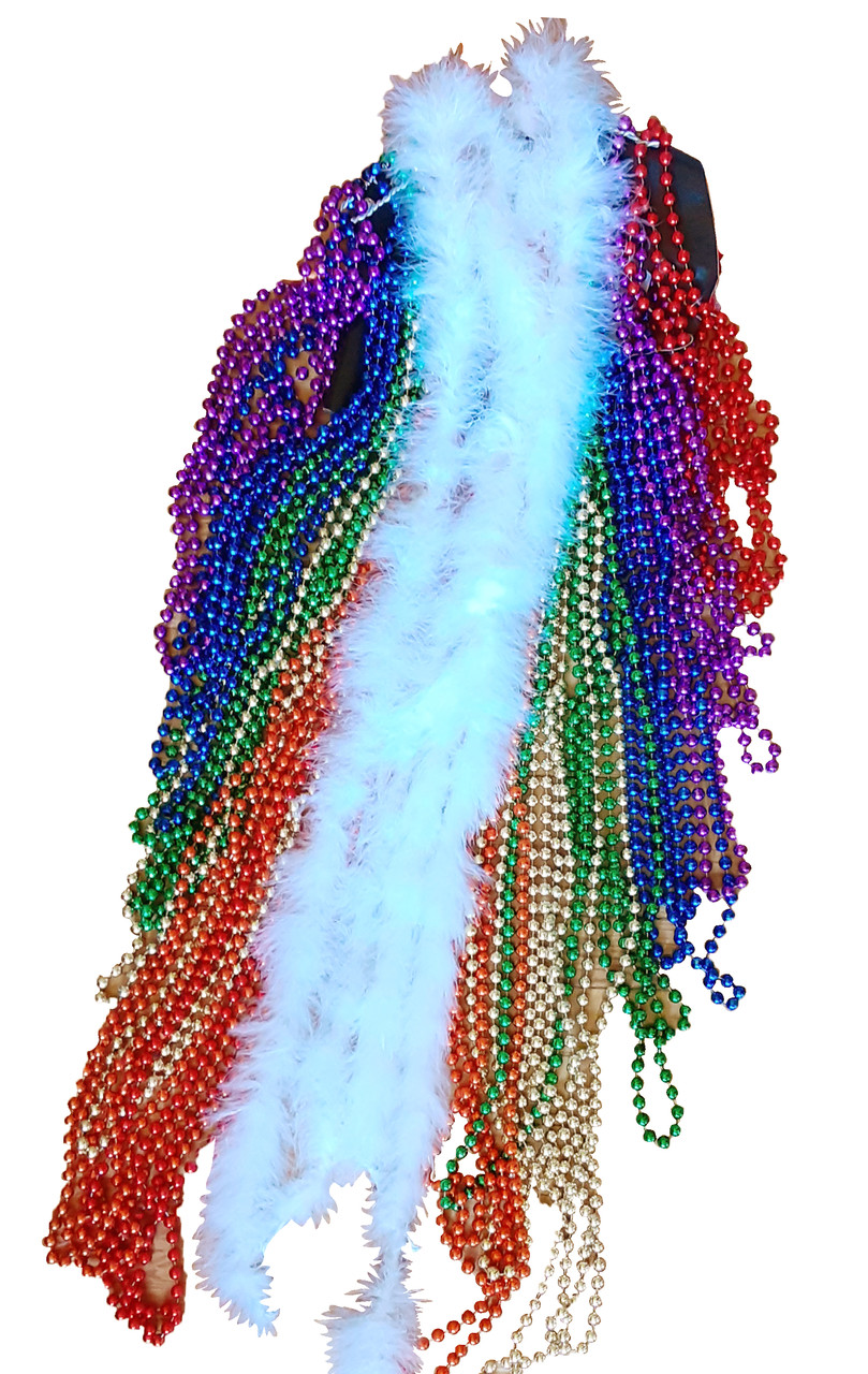 A wearable sculpture made of rainbow party beads and a white feather boa