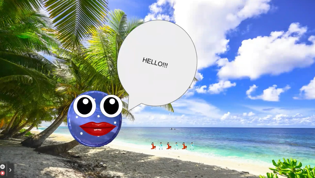 Purple bubble on an island saying "Hello"