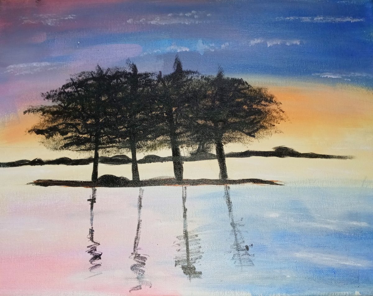Painting of trees on a lake in front of a sunset