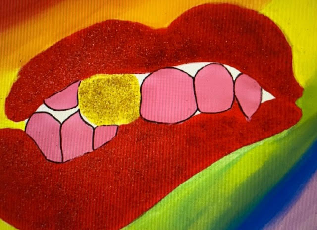 digital drawing of lips with a gold tooth and a rainbow background