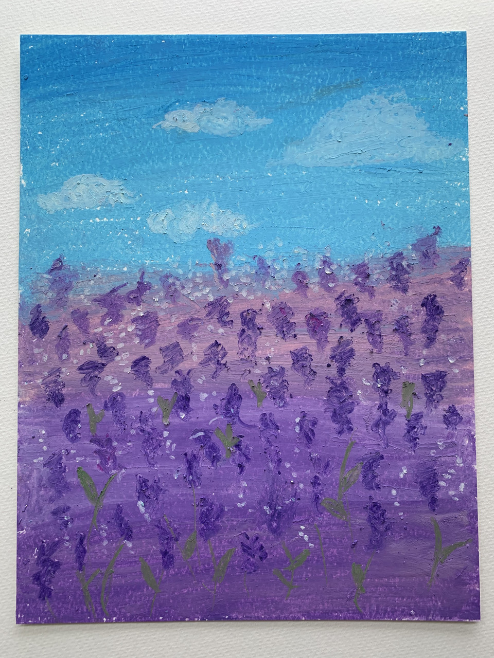 Blue and purple painting of a field