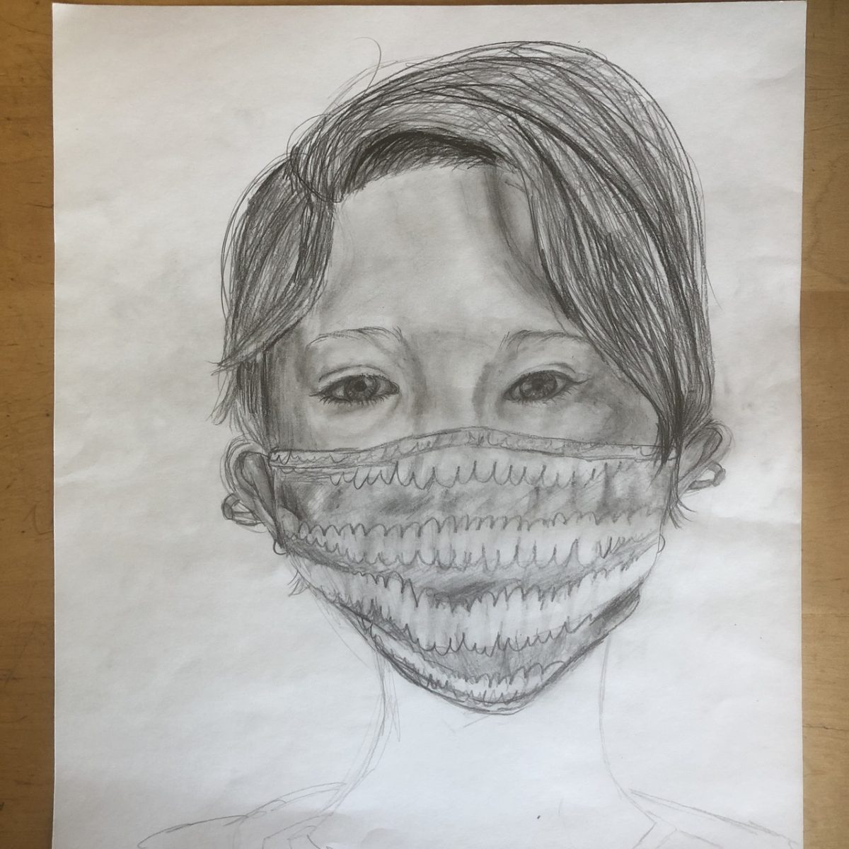 Pencil drawing of a girl wearing a mask