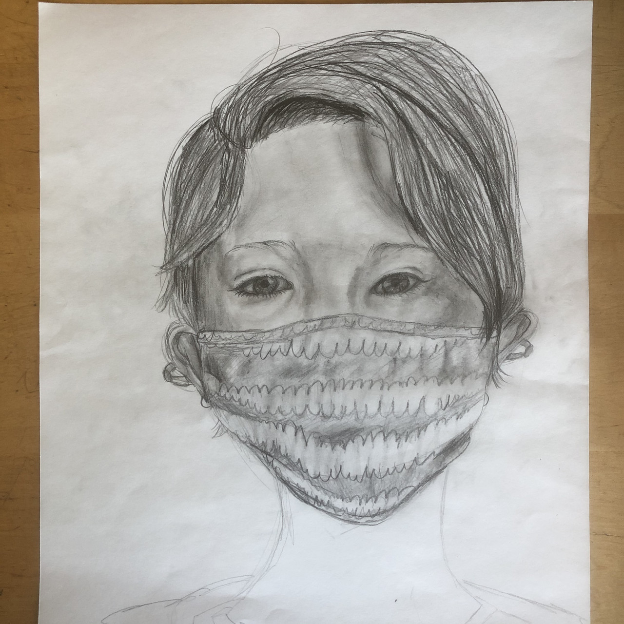Pencil drawing of a girl wearing a mask