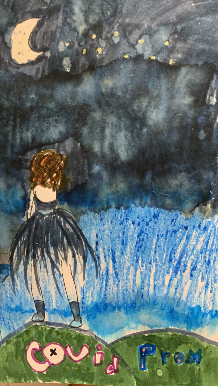 A drawing of a girl standing on a small hill under a night sky with a moon