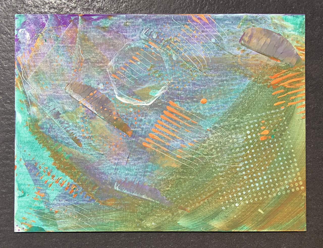 Abstract painting with blues, greens, and oranges