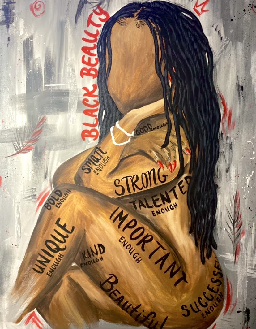 A painting of a black woman with words written on her body