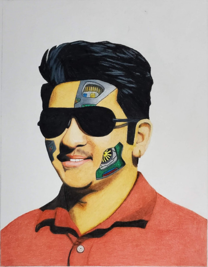 Drawing of a boy's face with flag patches on it