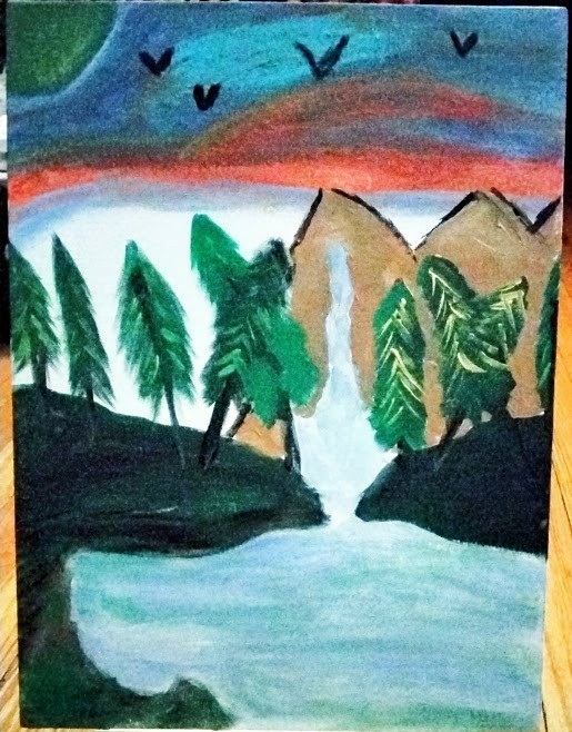 Painting of trees by a lake with a sunset in the background
