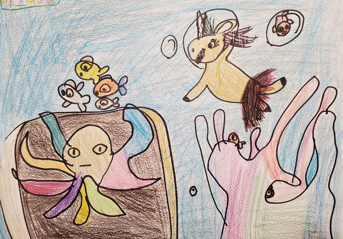 A drawing of a colorful octopus with a unicorn and some fish underwater