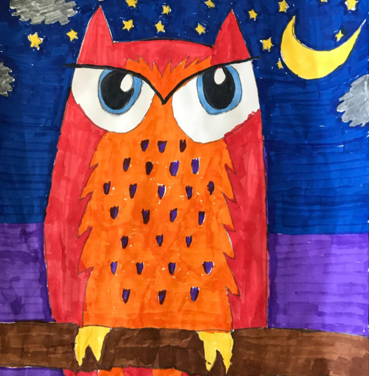 Drawing of a red own with stars and a moon