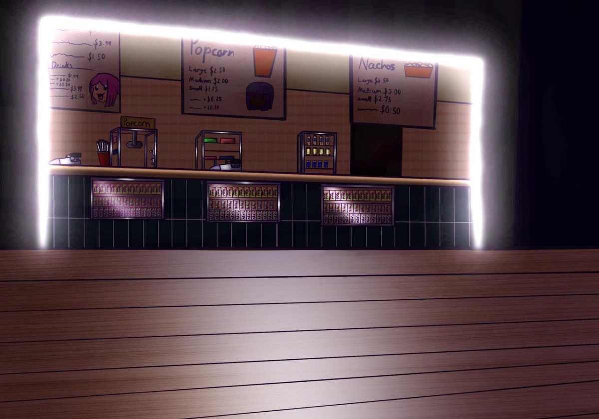 A digital drawing of a theater with lights around the edge