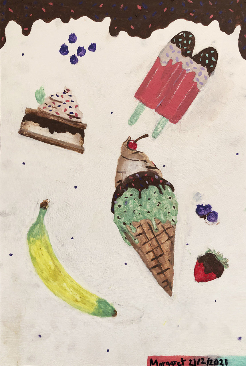 Painting of ice cream, popsicle, banana, and other desserts floating on the page.