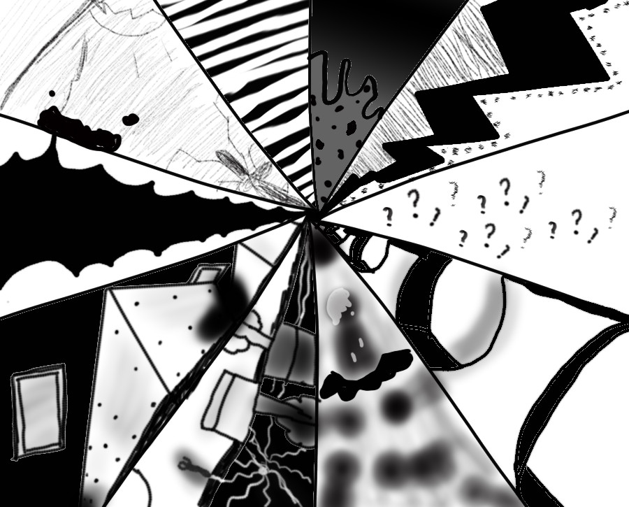 Black and white digital drawing of patterns arrange in slices