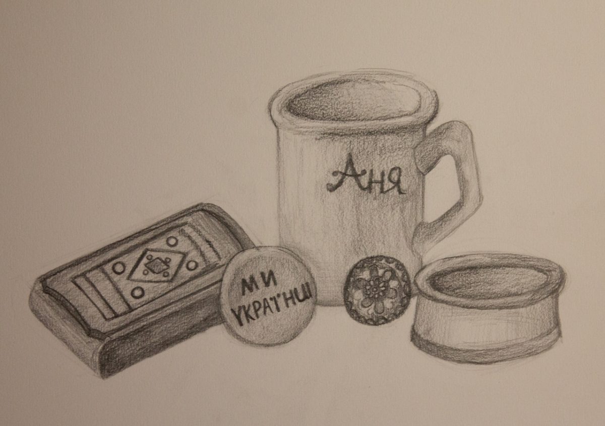 Graphite still life drawing of various objects