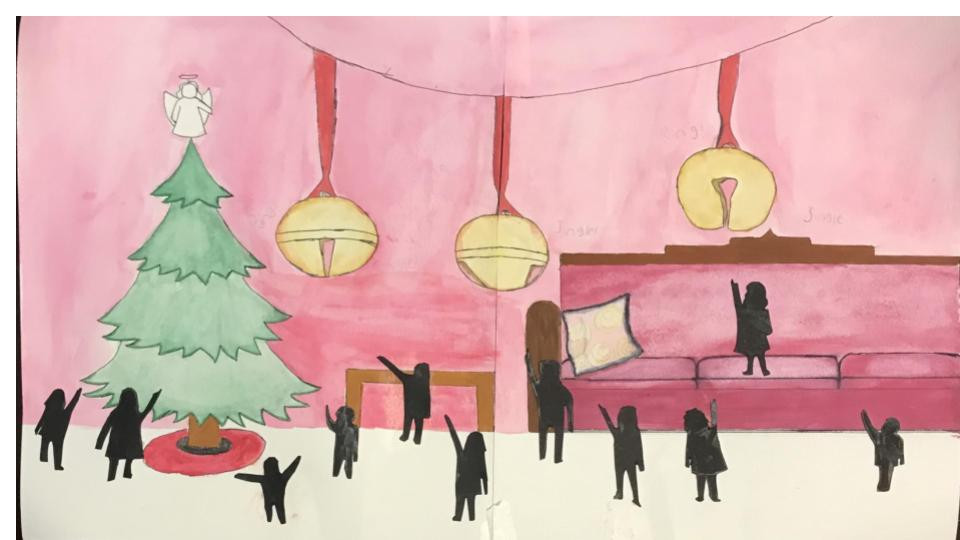 Watercolor of a tree and Christmas bells