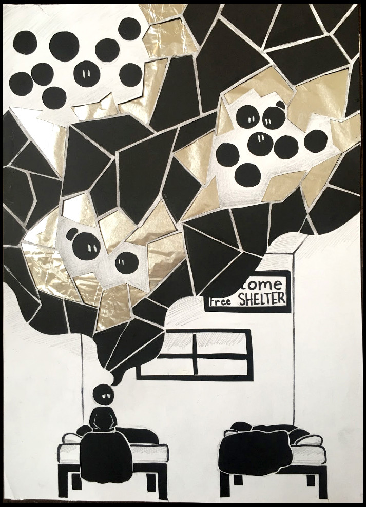 Collage of black paper, people sleeping and thought bubbles with abstract shapes