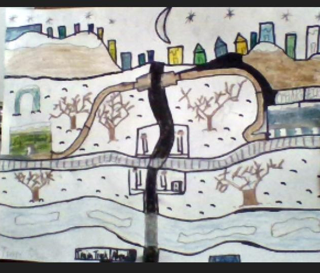 Colored pencil drawin gof a city in the winter, moon in the sky and a road in the front