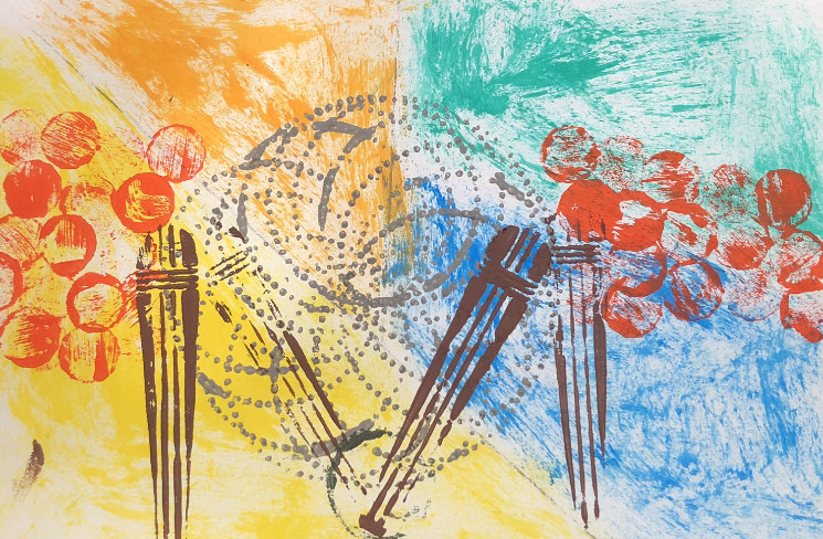 Print of abstract shapes on yellow, orange, blue, and green background