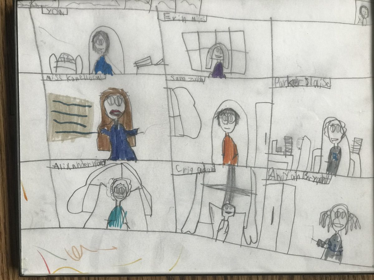 Comic style drawing of people in their homes