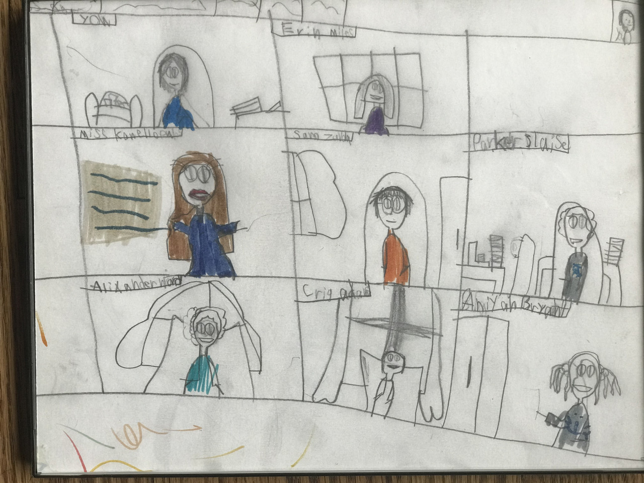 Comic style drawing of people in their homes