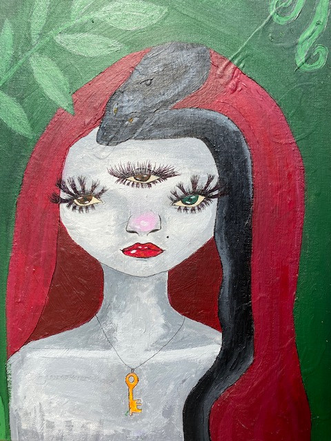 Painting of a girl with three eyes and a green background