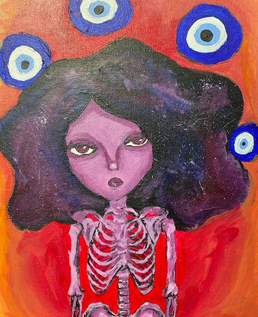 Painting of a skeleton girl with evil eyes in the background