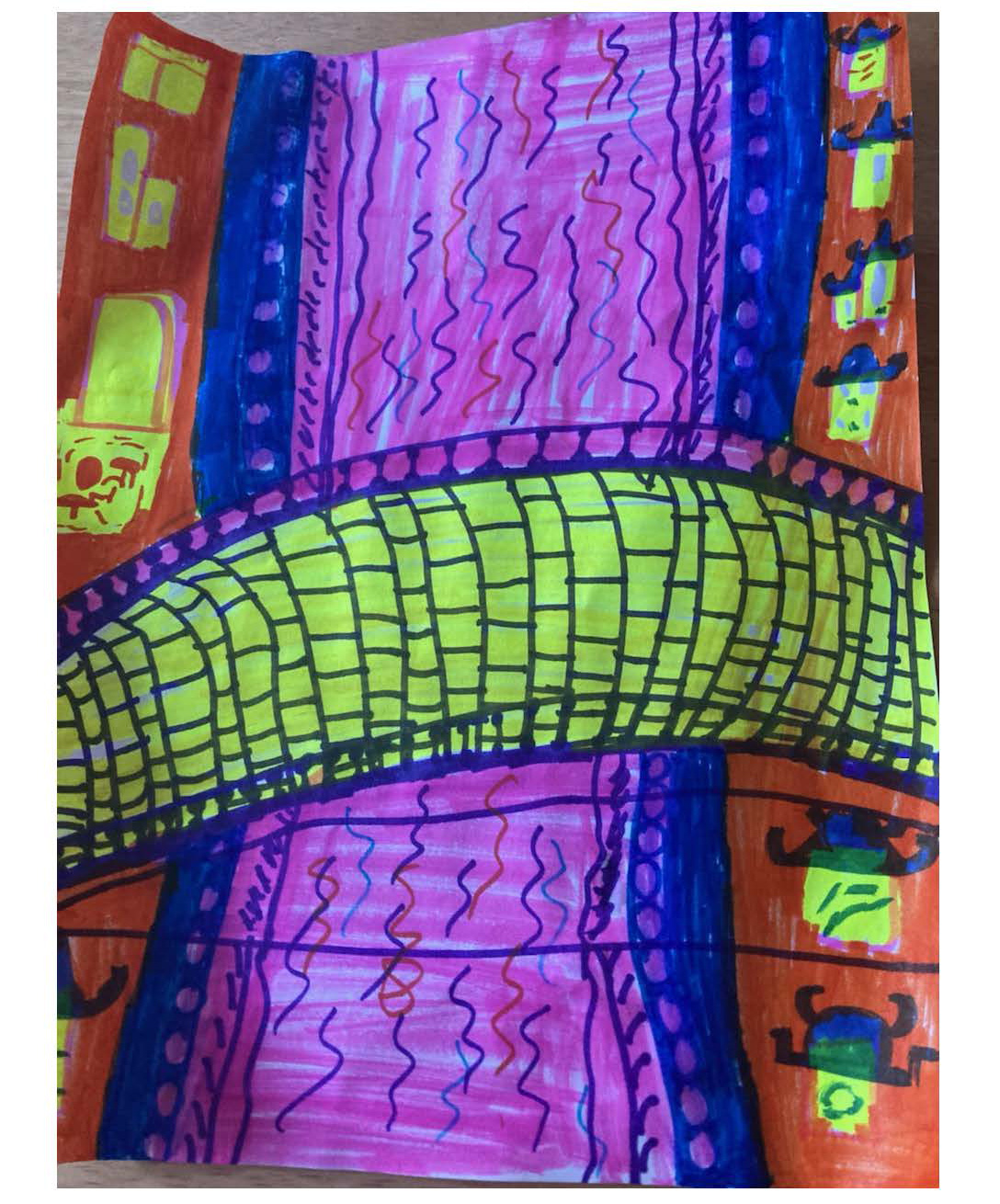 marker drawing of a yellow bridge over a purple river