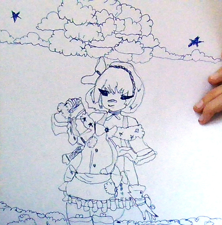 A line drawing of a girl with short hair under some clouds