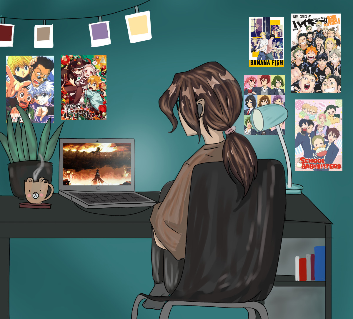 Digital drawing of a girl at her desk facing a turquoise wall