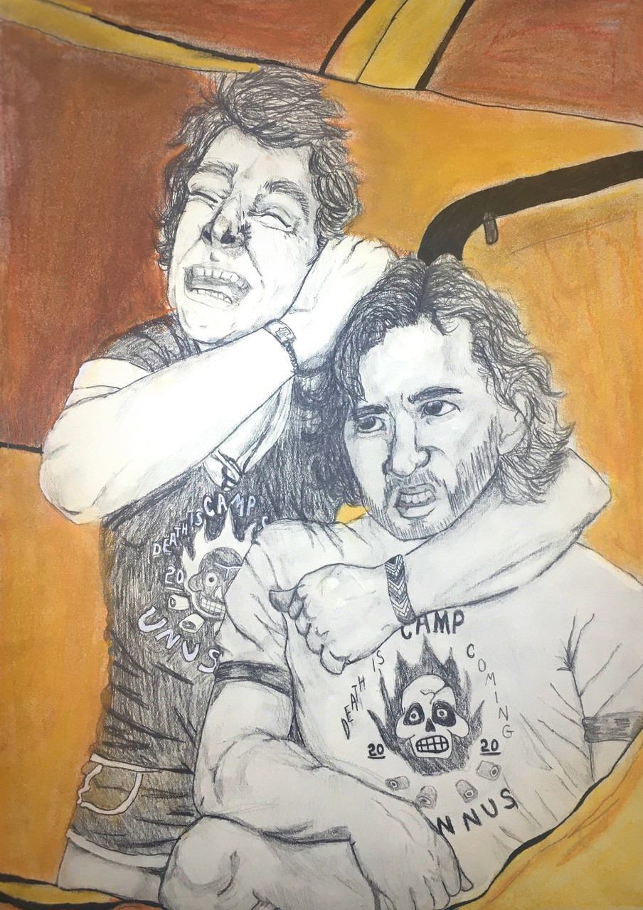 Drawing of someone running their friend's head