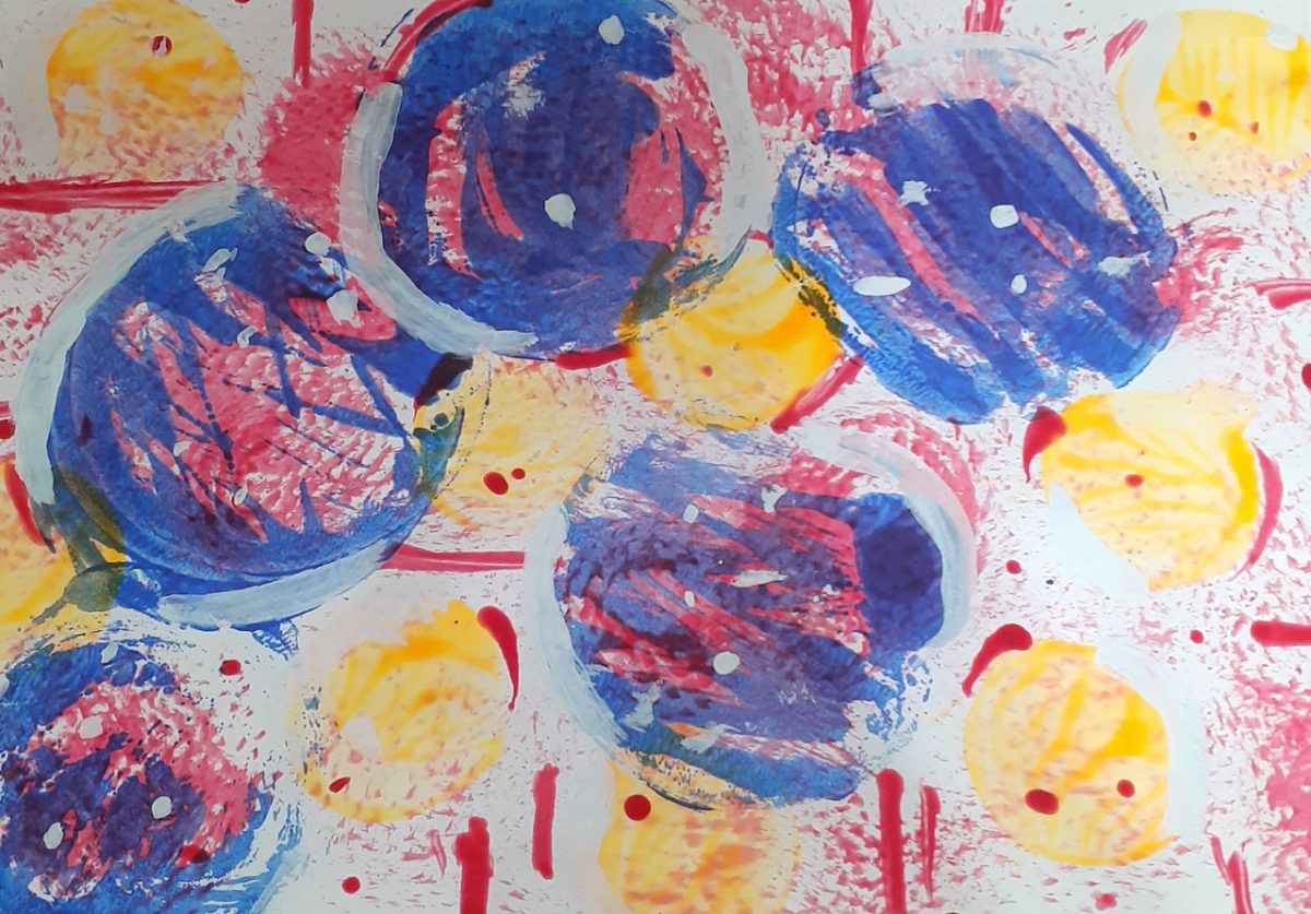 print of blue circles and red stripes