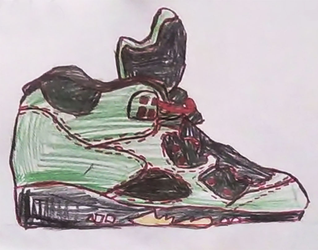 A drawing of.a green and black sneaker