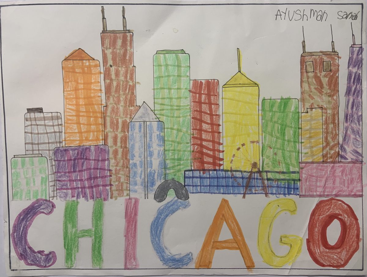 Drawing of Chicago skyline with rainbow colors