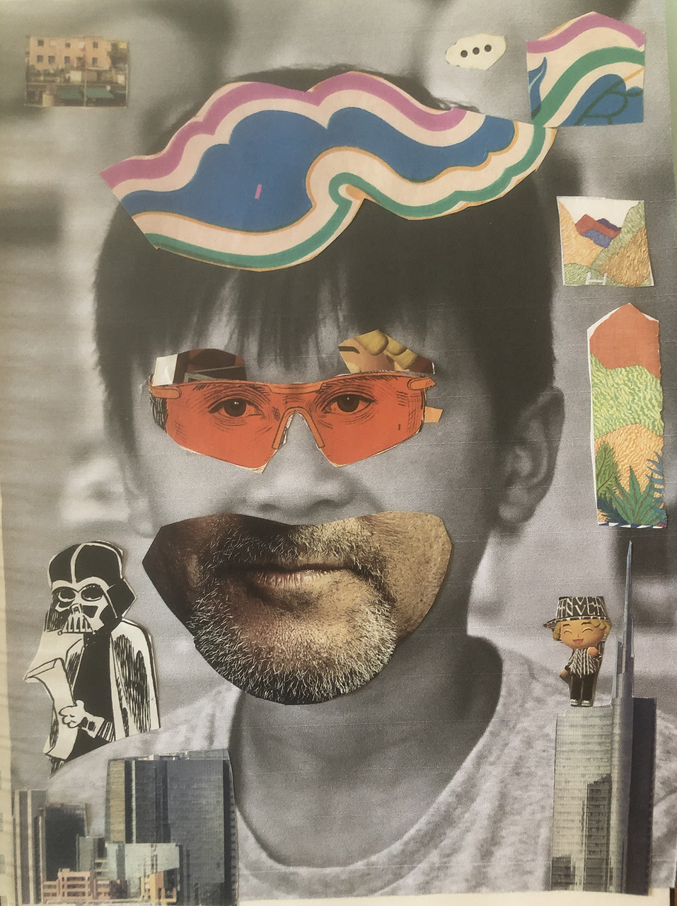 Child's face with other elements collaged over it