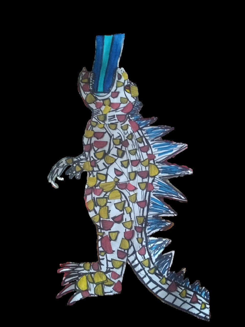 Drawing of Godzilla with a black background