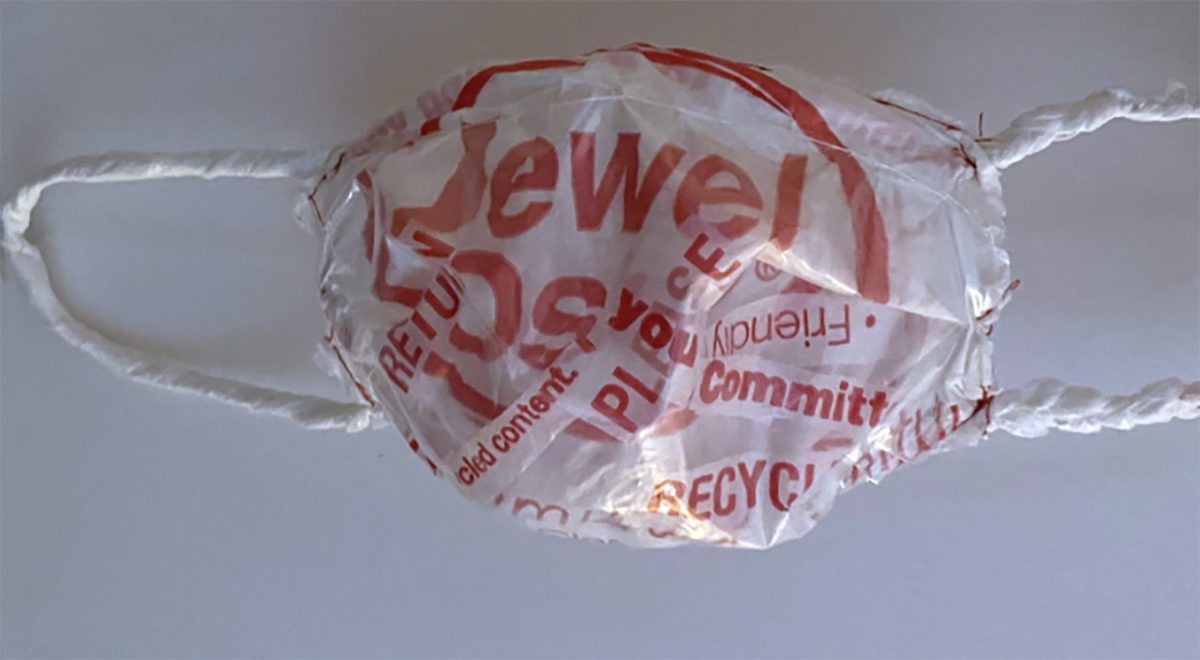 Mask made of plastic grocery bags from Jewel